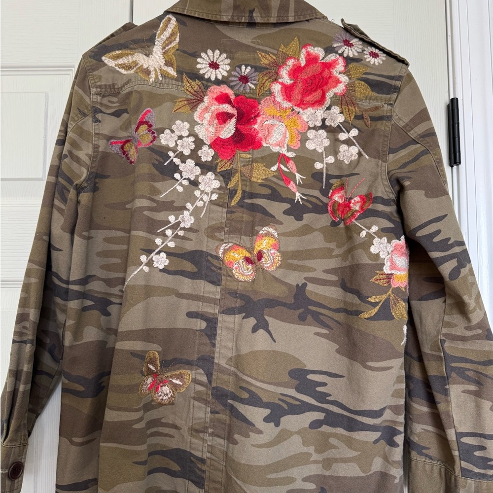 Johnny Was Olive Camouflage Jacket with Red Floral Accents - Picture 3 of 6